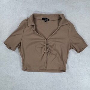 Mixed Threads Los Angeles Ribbed Crop‎ Top Tan Brown Short Sleeve Collared M